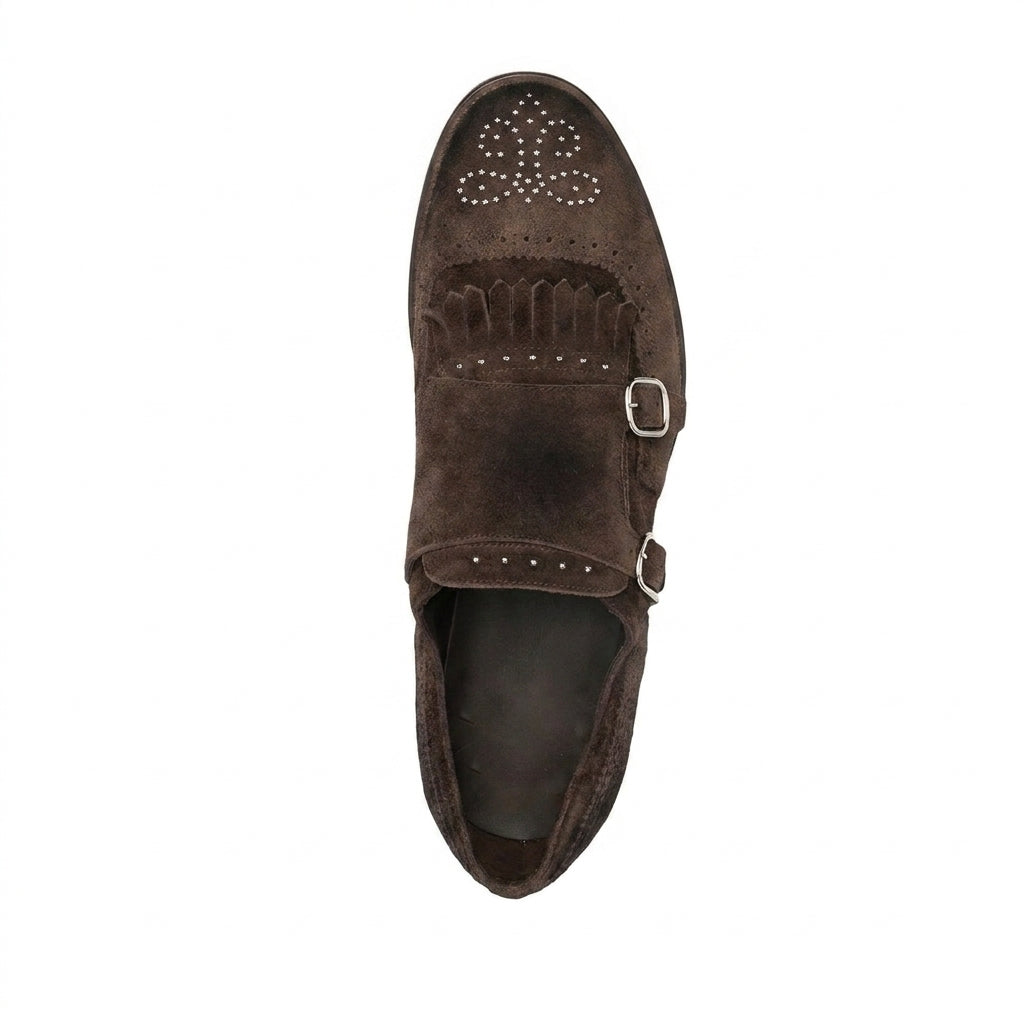Brown Diamond Studded Suede Ainaro Shawl Double Monk Straps