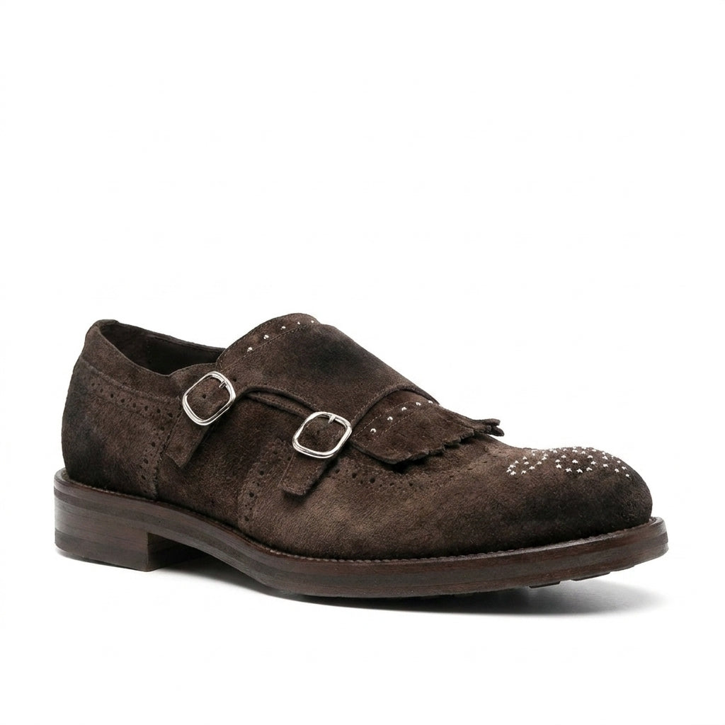 Brown Diamond Studded Suede Ainaro Shawl Double Monk Straps