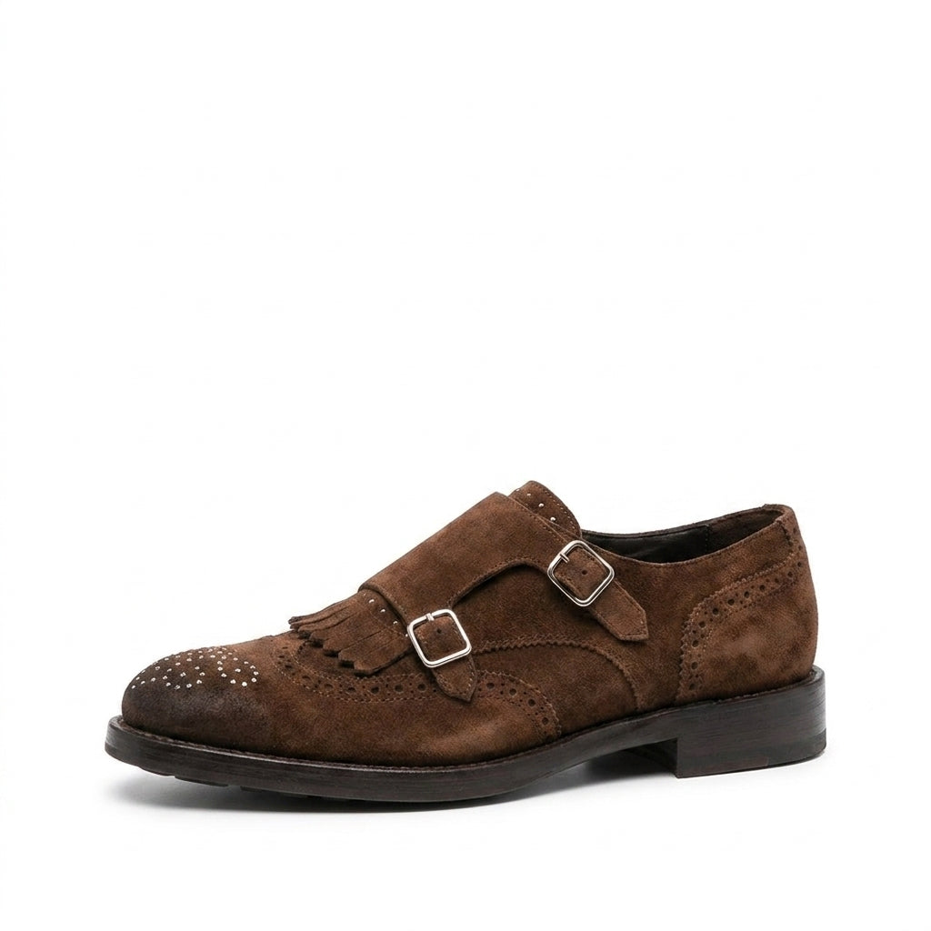 Brown Diamond Studded Suede Ainaro Shawl Double Monk Straps