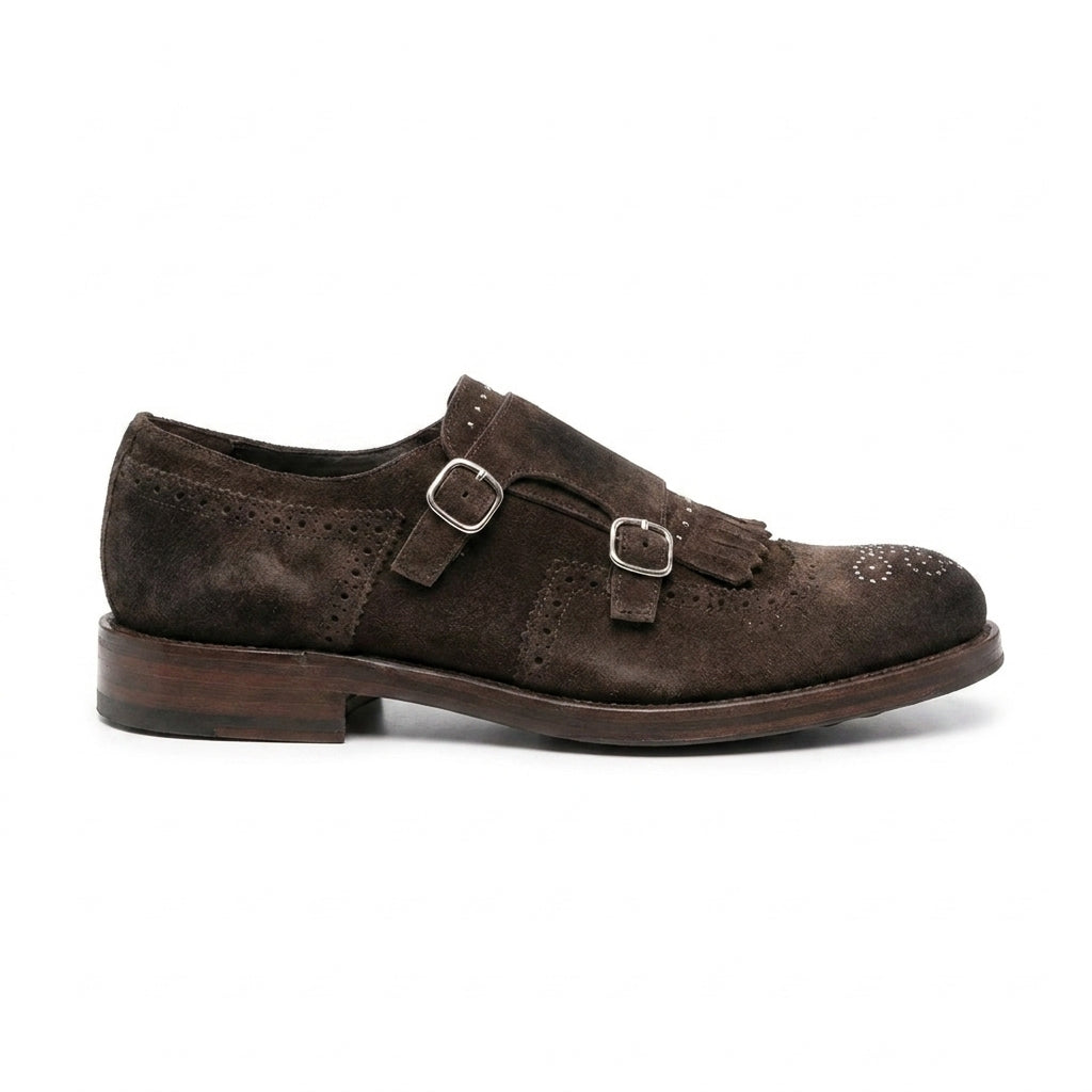 Brown Diamond Studded Suede Ainaro Shawl Double Monk Straps