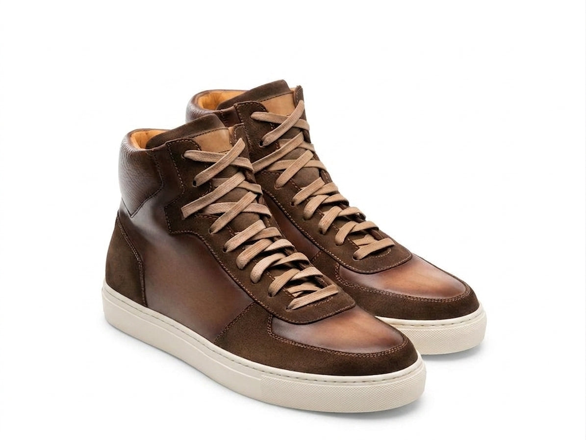 Brown Leather and Suede Porirua High Top Sneaker Boots
