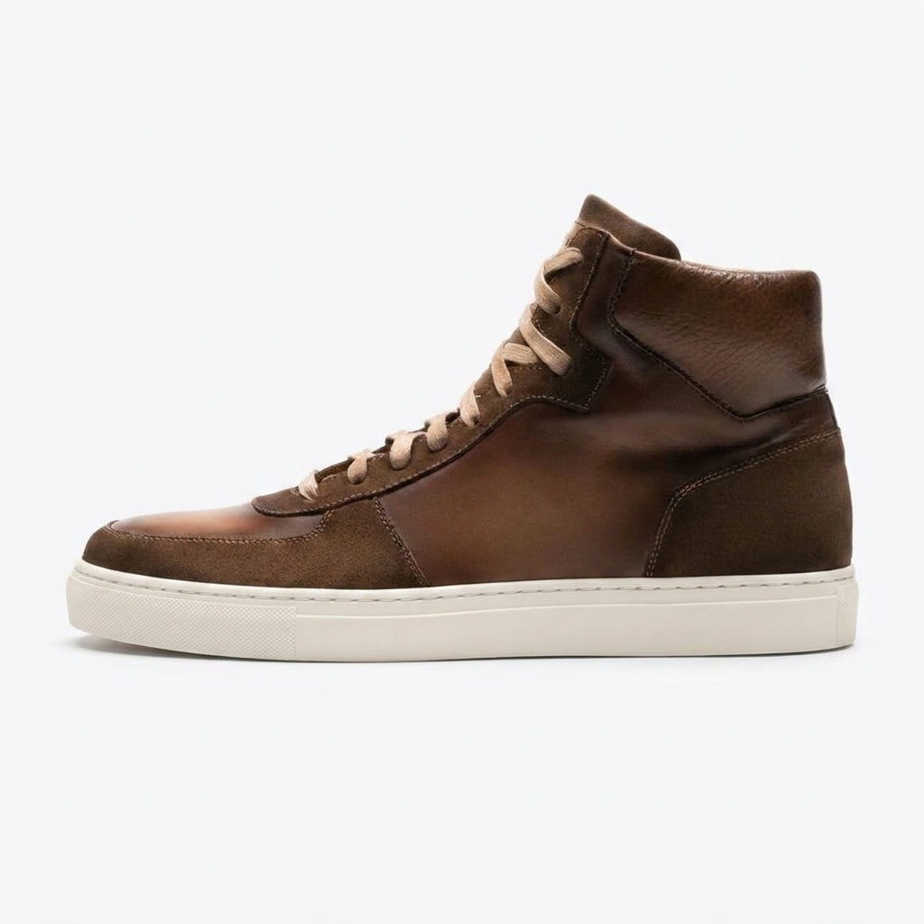 Brown Leather and Suede Porirua High Top Sneaker Boots