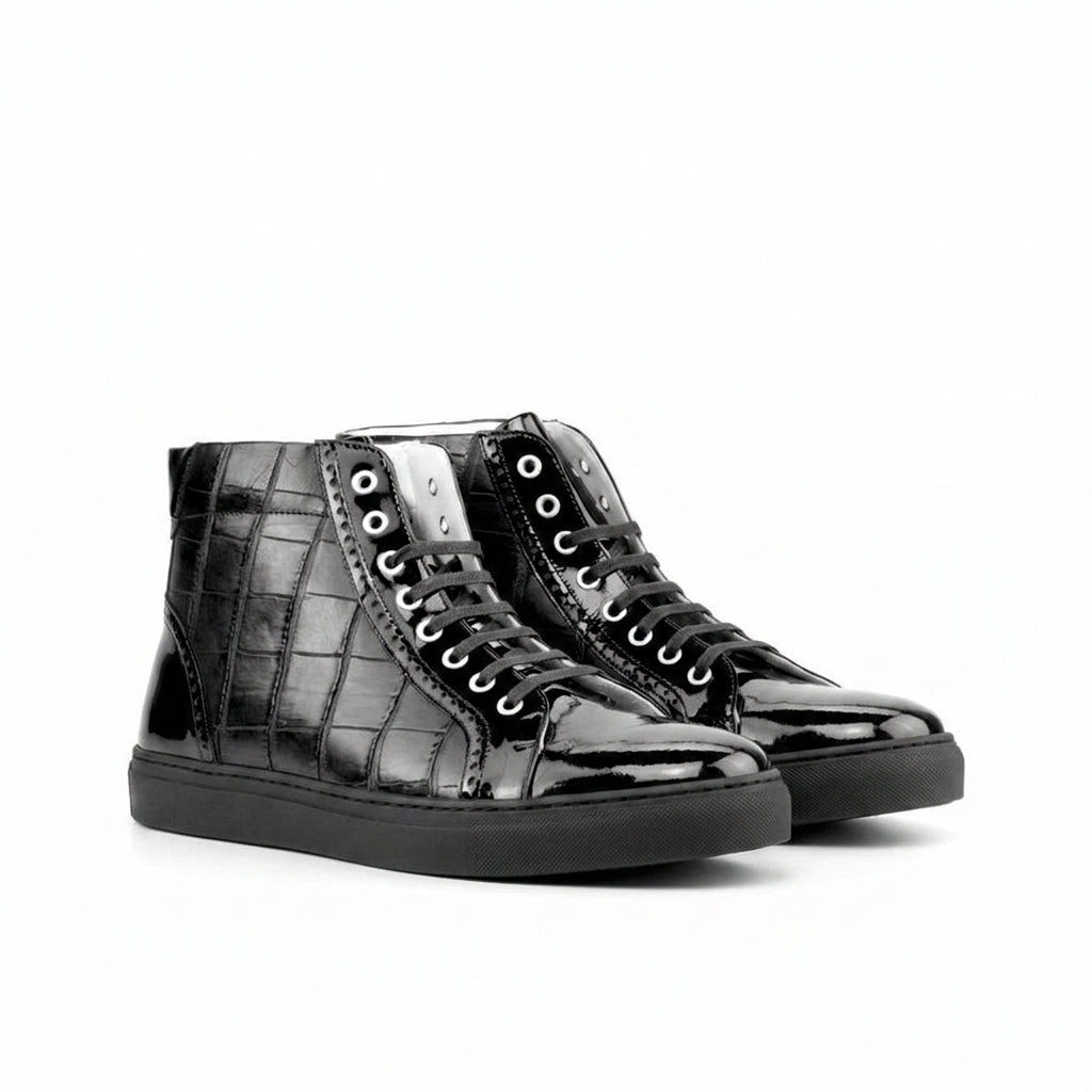 Black Crocodile Print Leather Rotorua High Top Sneaker Boots