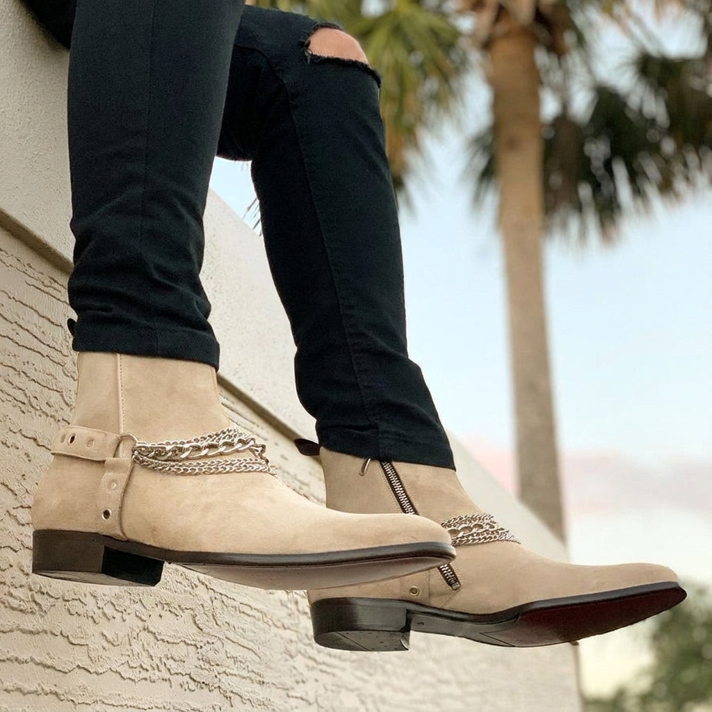 Tan Suede Ravien Harness Chelsea Boots with Golden Chain