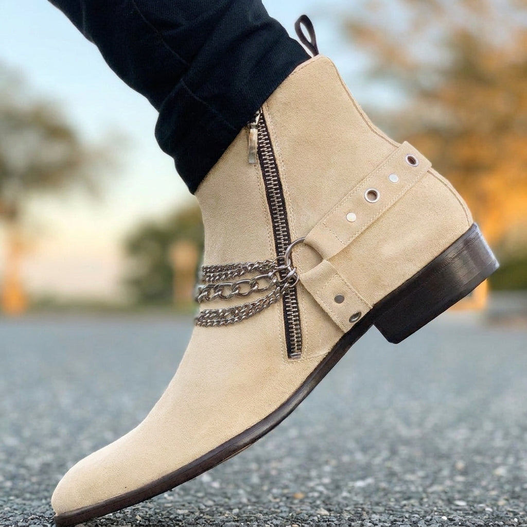 Tan Suede Ravien Harness Chelsea Boots with Golden Chain