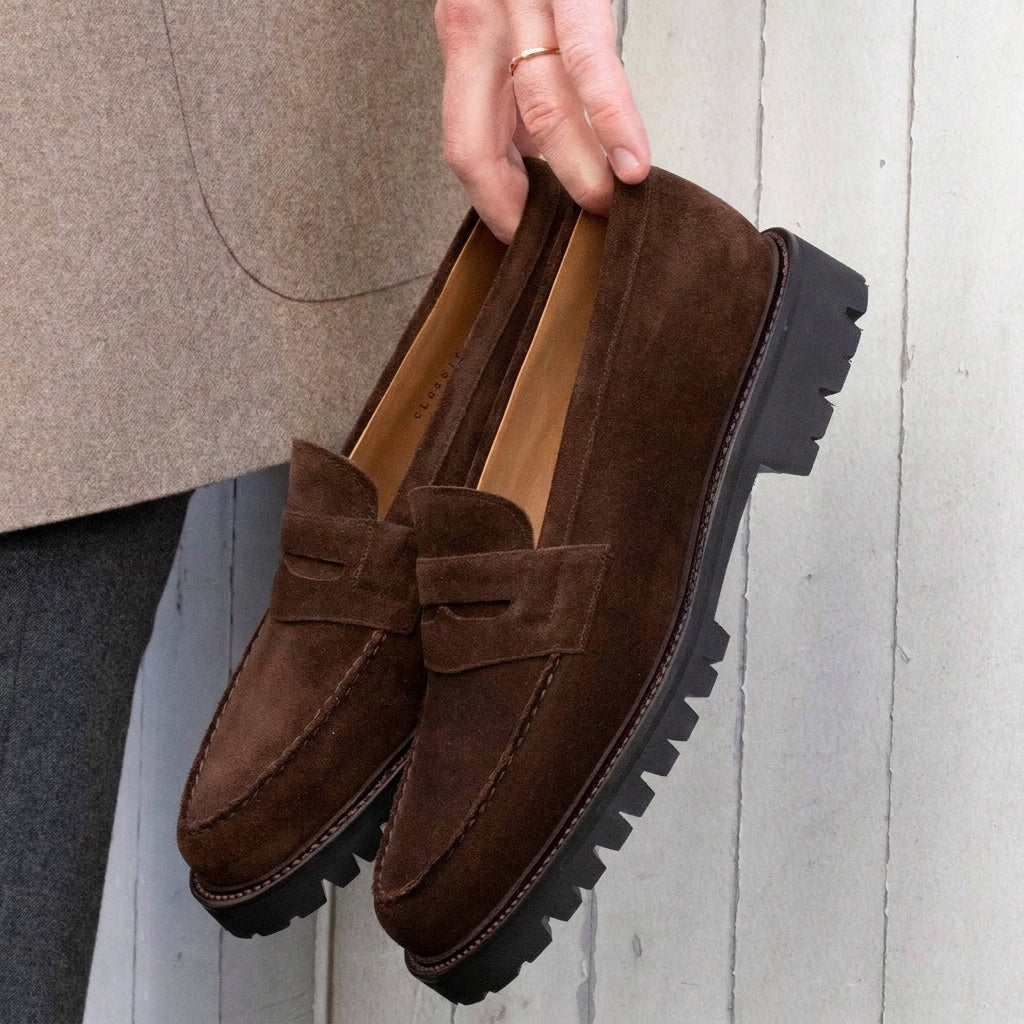 Brown Suede Belize Chunky Penny Loafers - With Track Soles - AW24 -  Casual Shoes Collection