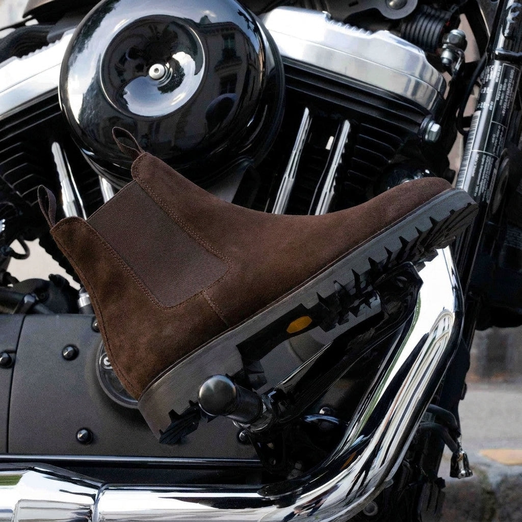 Brown Suede Leather Santana Chunky Chelsea Boots - With Track Lug Soles - Hiking and Trekking Boots