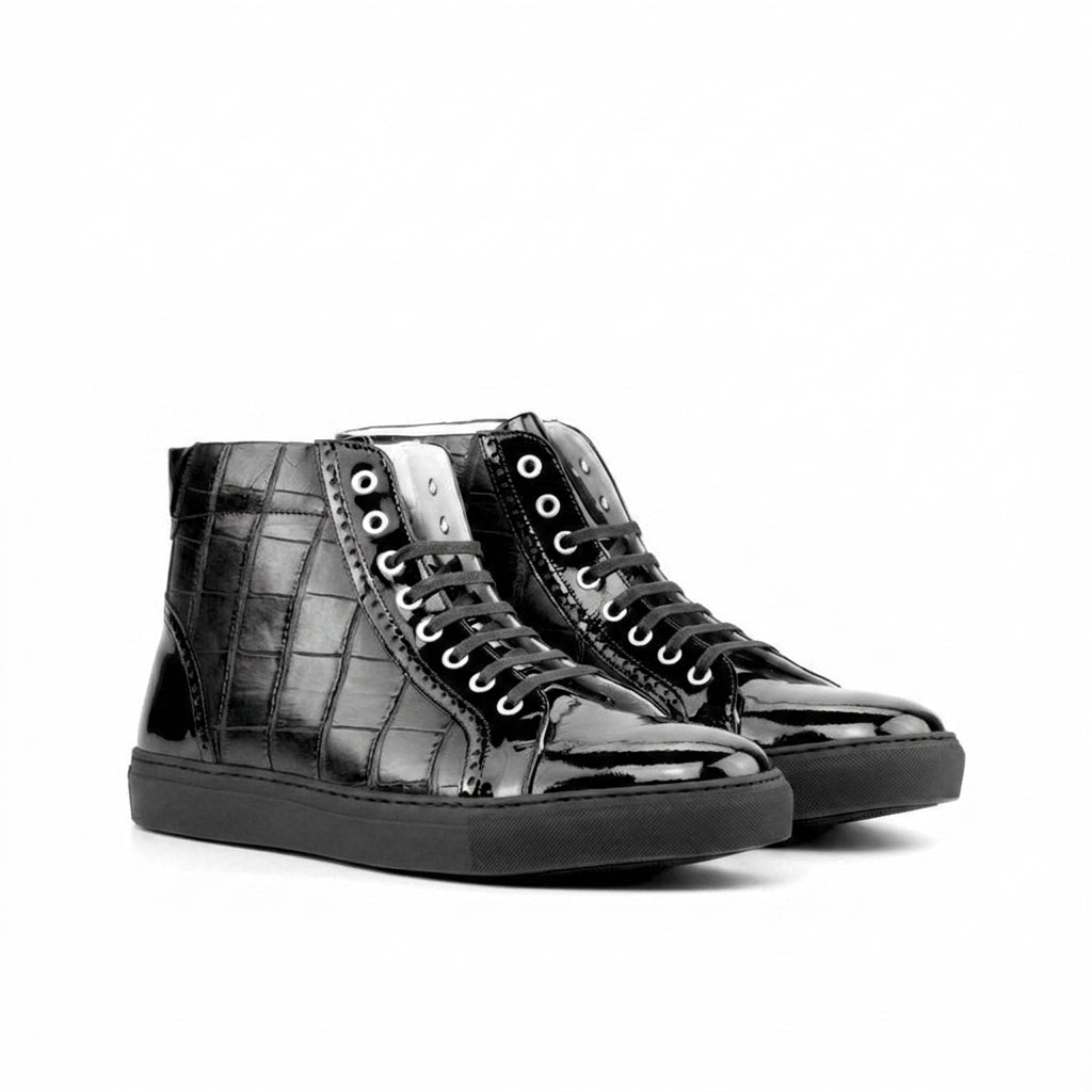 Height Increasing Black Crocodile Print Leather Rotorua High Top Sneaker Boots