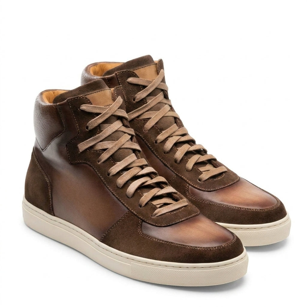 Height Increasing Brown Leather and Suede Porirua High Top Sneaker Boots