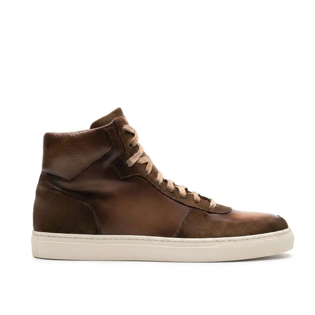 Height Increasing Brown Leather and Suede Porirua High Top Sneaker Boots