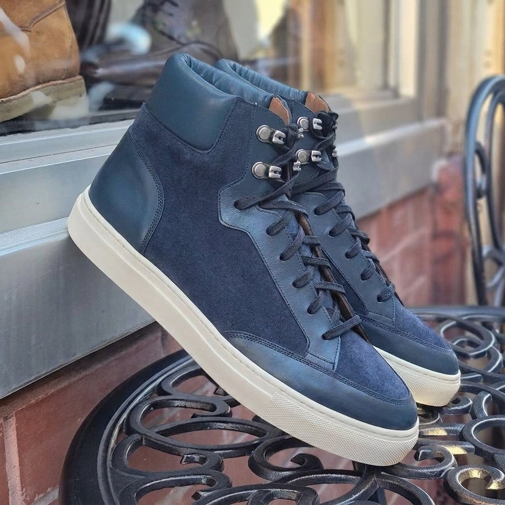 Navy Blue Suede and Leather Foxton Lace Up High Top Sneakers - Summer 2024 Collection
