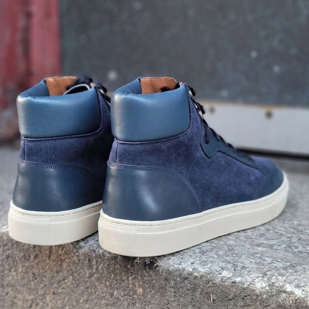 Navy Blue Suede and Leather Foxton Lace Up High Top Sneakers - Summer 2024 Collection
