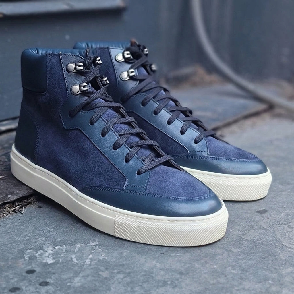 Navy Blue Suede and Leather Foxton Lace Up High Top Sneakers - Summer 2024 Collection