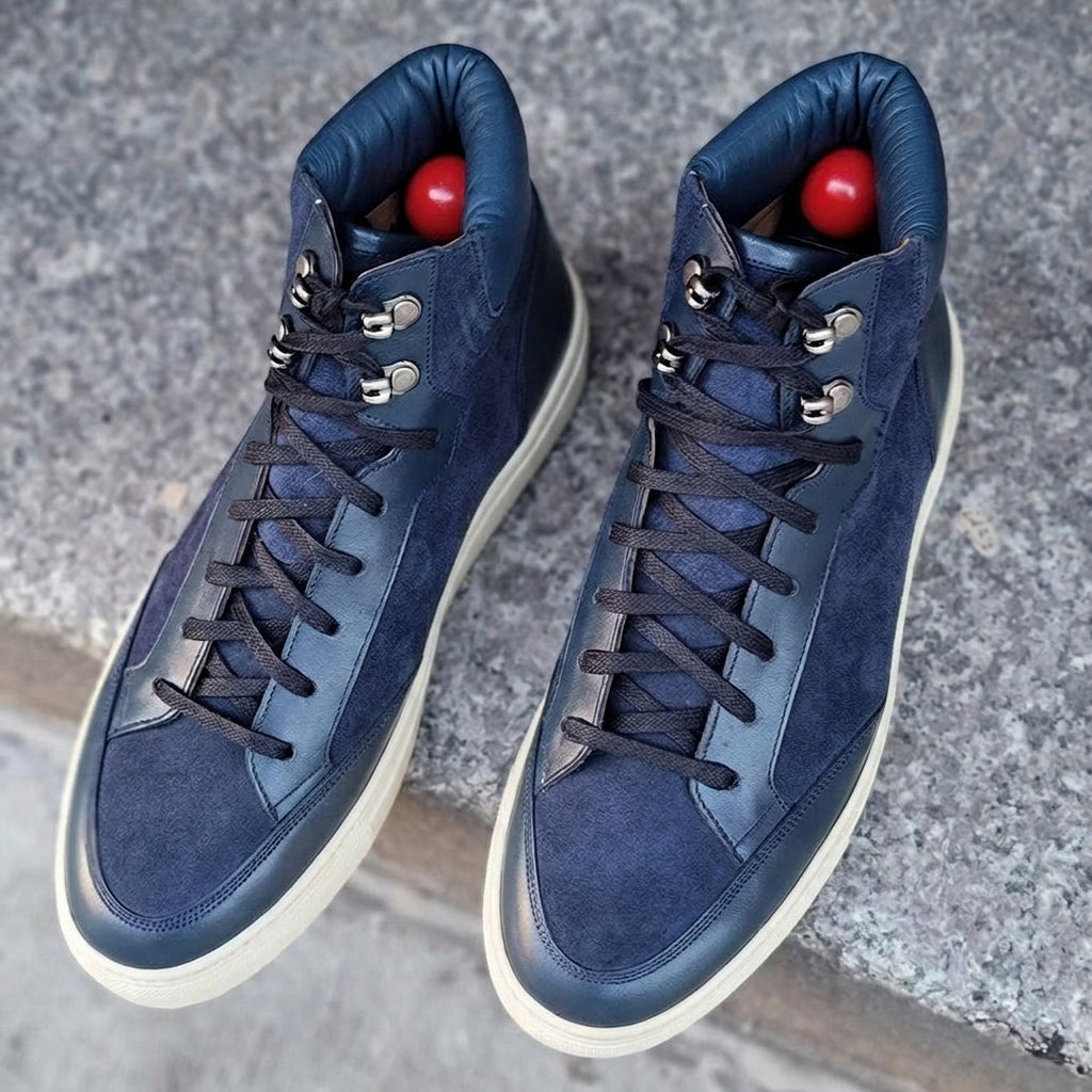 Navy Blue Suede and Leather Foxton Lace Up High Top Sneakers - Summer 2024 Collection