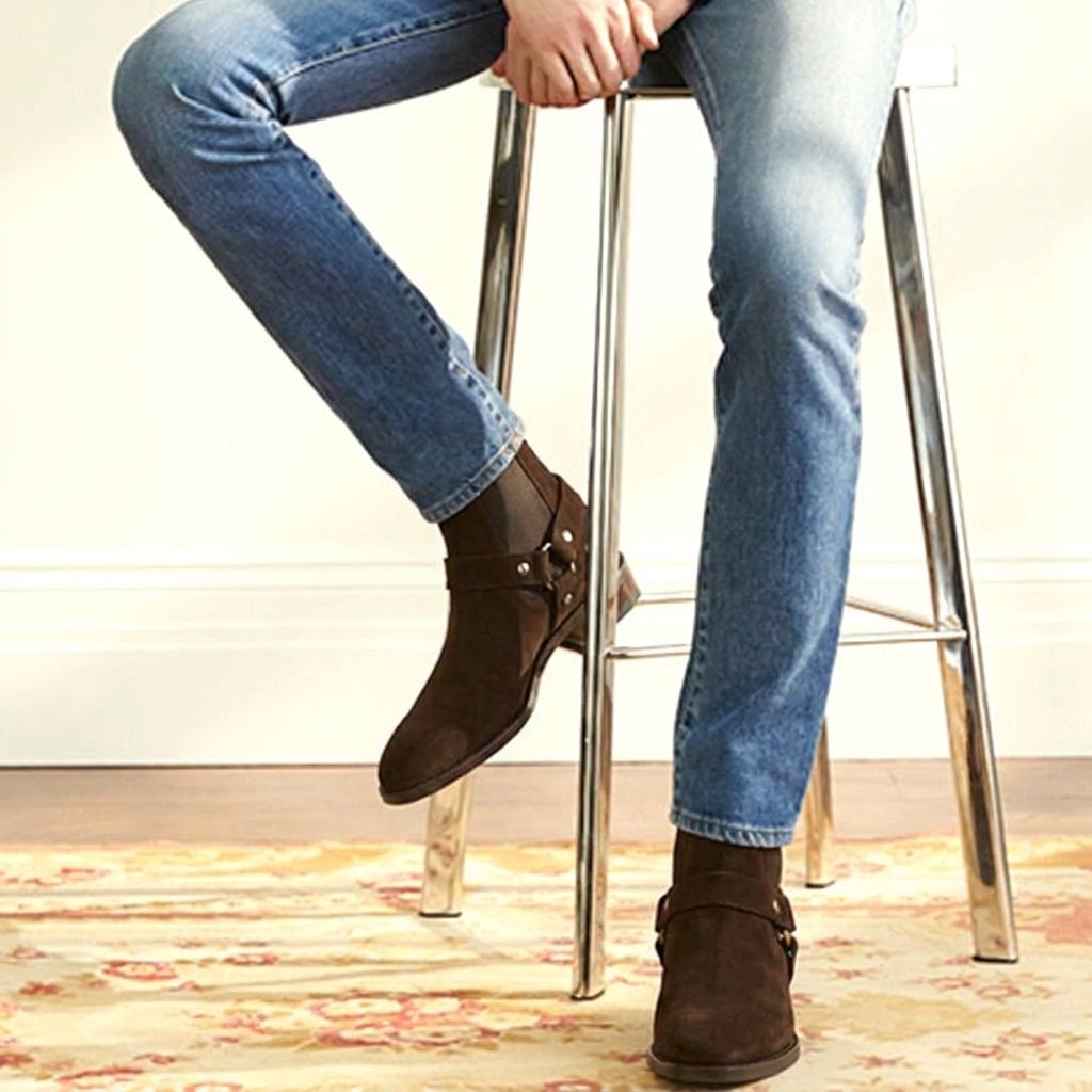 Brown Italian Italian Suede Wanton Slip On Harness Chelsea Boots
