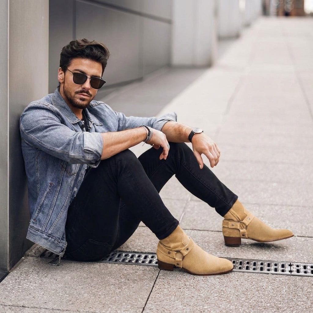 Tan Suede Wanton Slip On Harness Chelsea Boots
