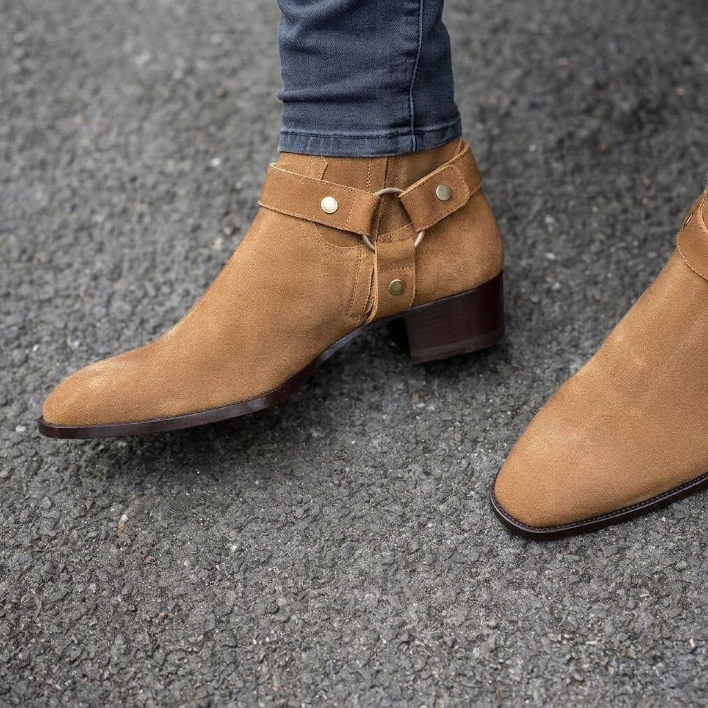 Tan Suede Wanton Slip On Harness Chelsea Boots