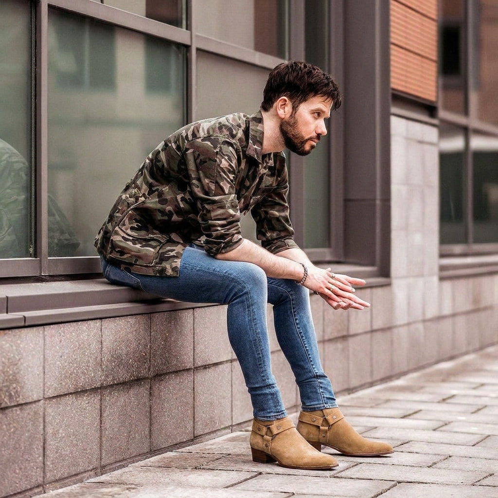 Tan Suede Wanton Slip On Harness Chelsea Boots