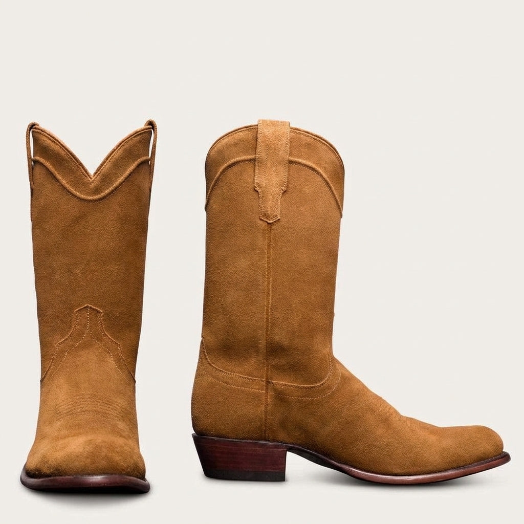 Artisian Made Tan Italian Italian Italian Suede Remington Slip On Zipper Western Cowboy Boots - GOODYEAR WELTED FIDDLE BACK VIOLIN SOLE