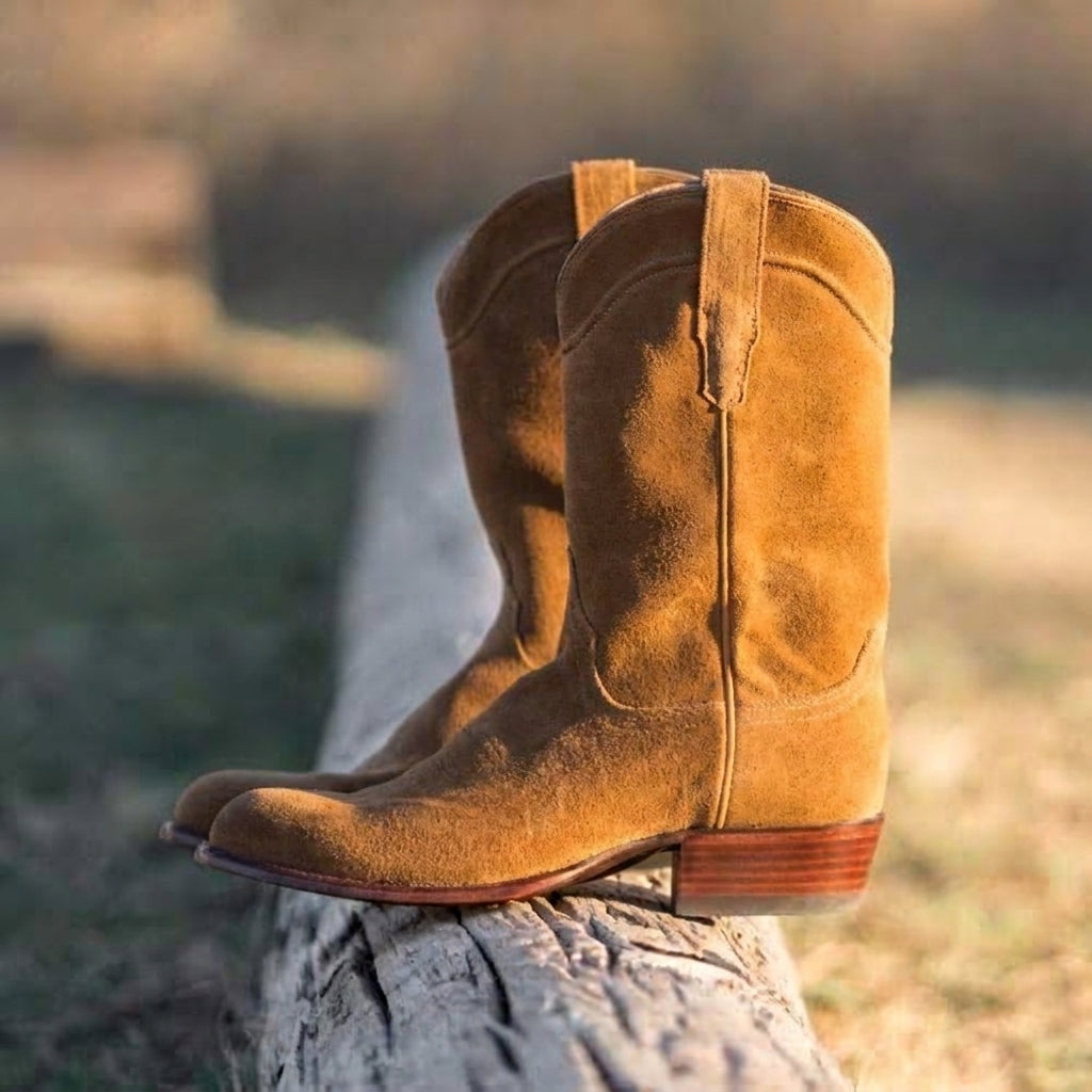 Artisian Made Tan Italian Italian Italian Suede Remington Slip On Zipper Western Cowboy Boots - GOODYEAR WELTED FIDDLE BACK VIOLIN SOLE