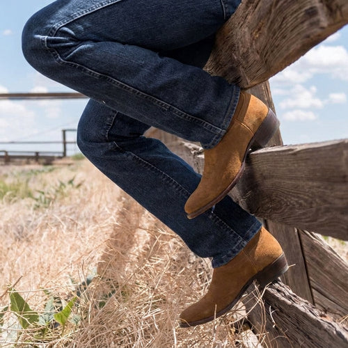 Artisian Made Tan Italian Italian Italian Suede Remington Slip On Zipper Western Cowboy Boots - GOODYEAR WELTED FIDDLE BACK VIOLIN SOLE