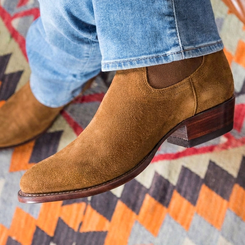 Artisian Made Tan Italian Italian Italian Suede Remington Slip On Zipper Western Cowboy Boots - GOODYEAR WELTED FIDDLE BACK VIOLIN SOLE