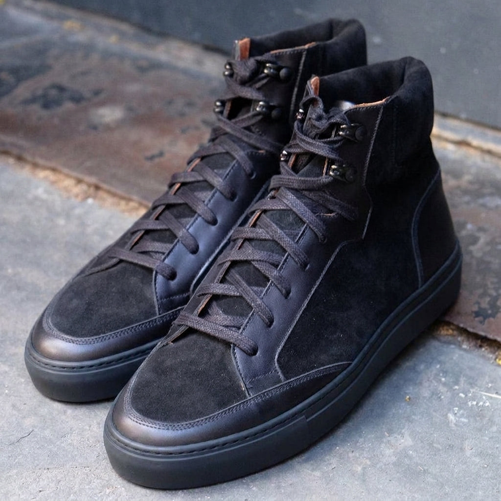 Height Increasing Black Leather Foxton Lace Up High Top Sneakers - AW22