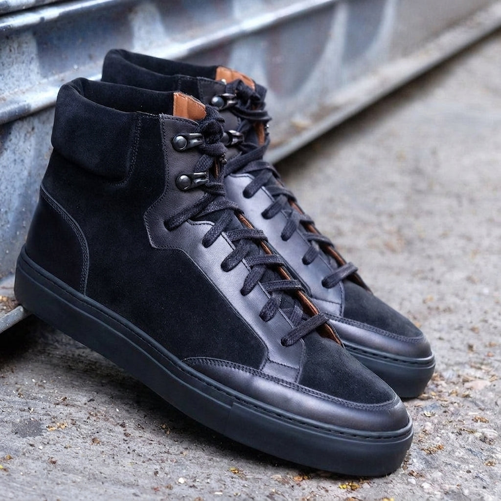 Height Increasing Black Leather Foxton Lace Up High Top Sneakers - AW22