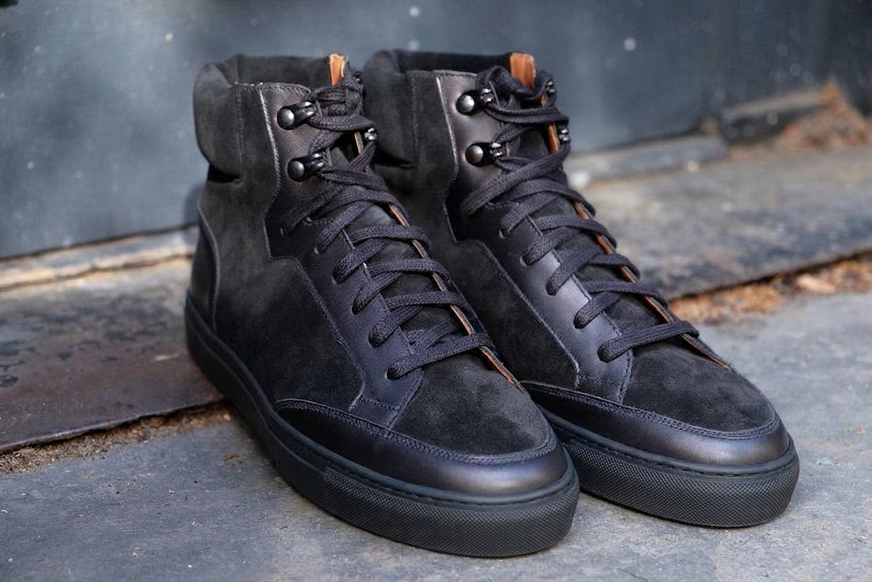 Height Increasing Black Leather Foxton Lace Up High Top Sneakers - AW22