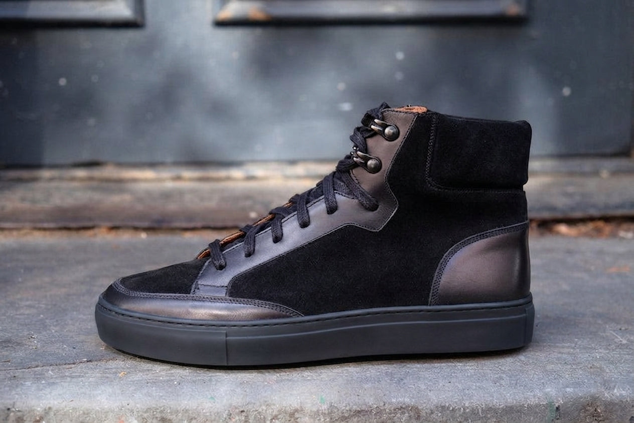 Height Increasing Black Leather Foxton Lace Up High Top Sneakers - AW22