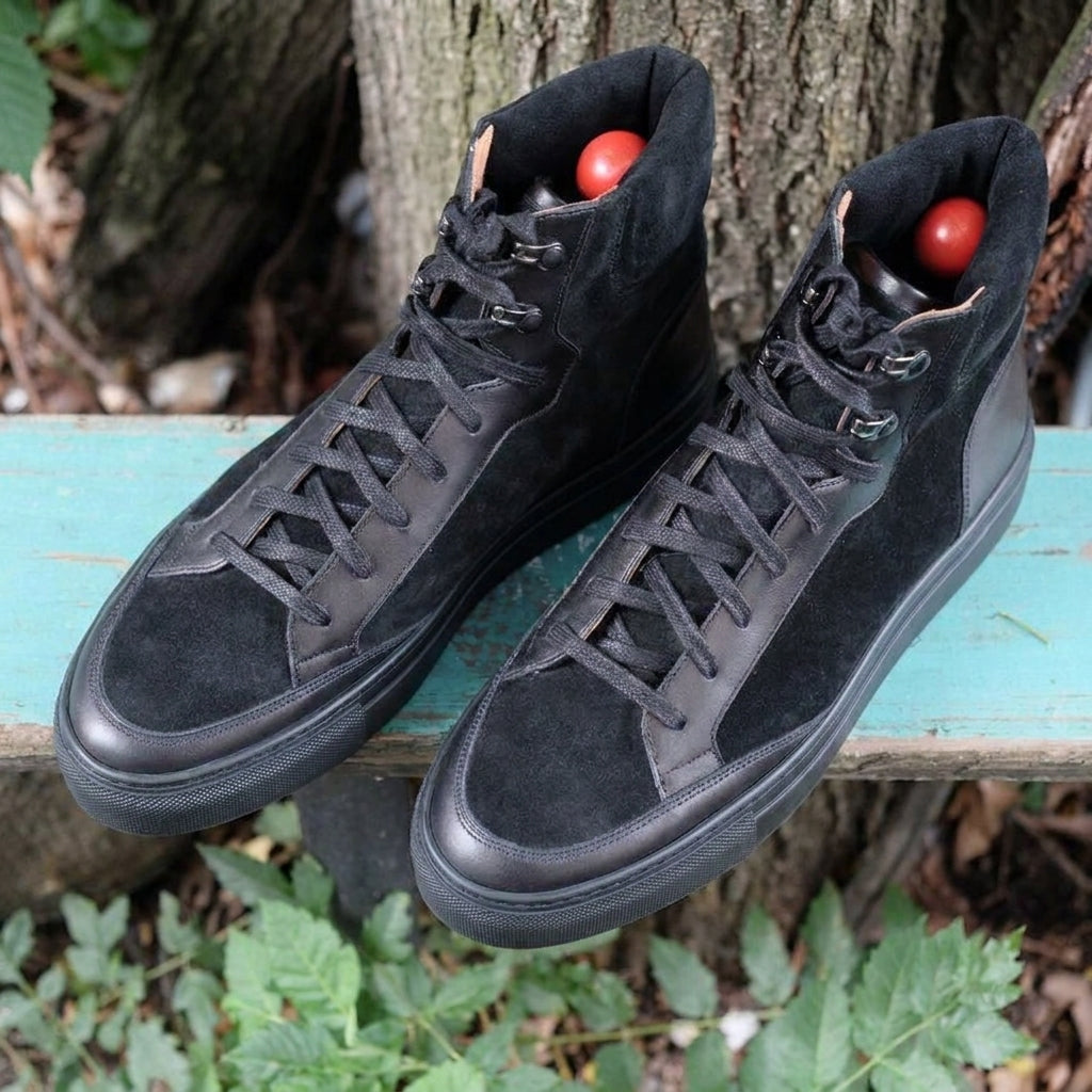 Height Increasing Black Leather Foxton Lace Up High Top Sneakers - AW22