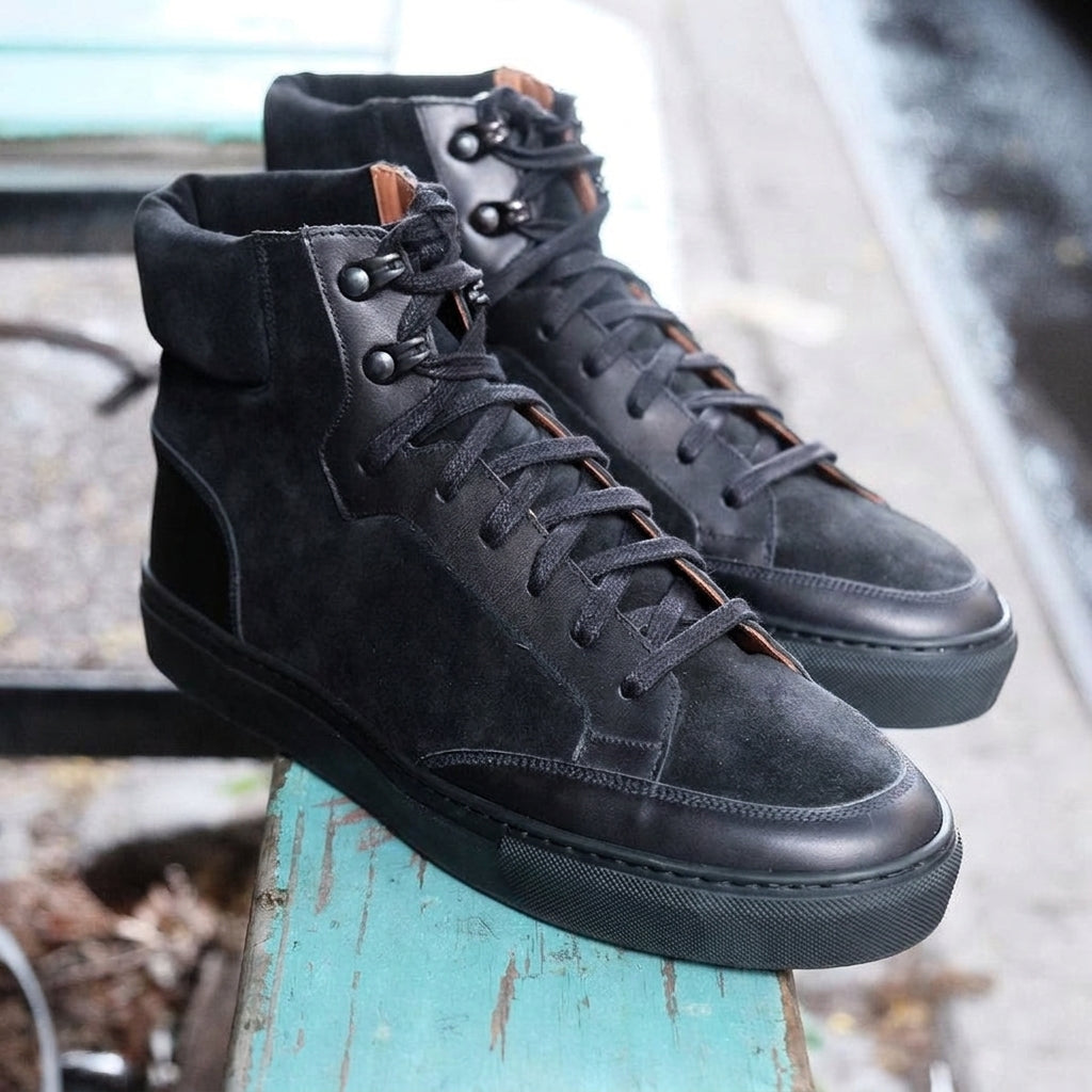 Height Increasing Black Leather Foxton Lace Up High Top Sneakers - AW22