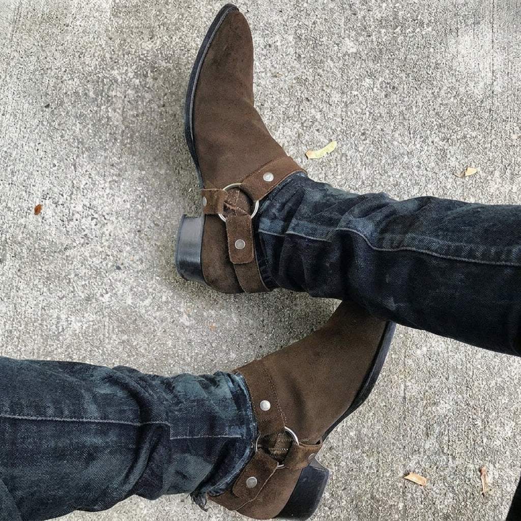 Height Increasing Brown Italian Italian Suede Wanton Slip On Harness Chelsea Boots - GOODYEAR WELTED FIDDLE BACK VIOLIN SOLE