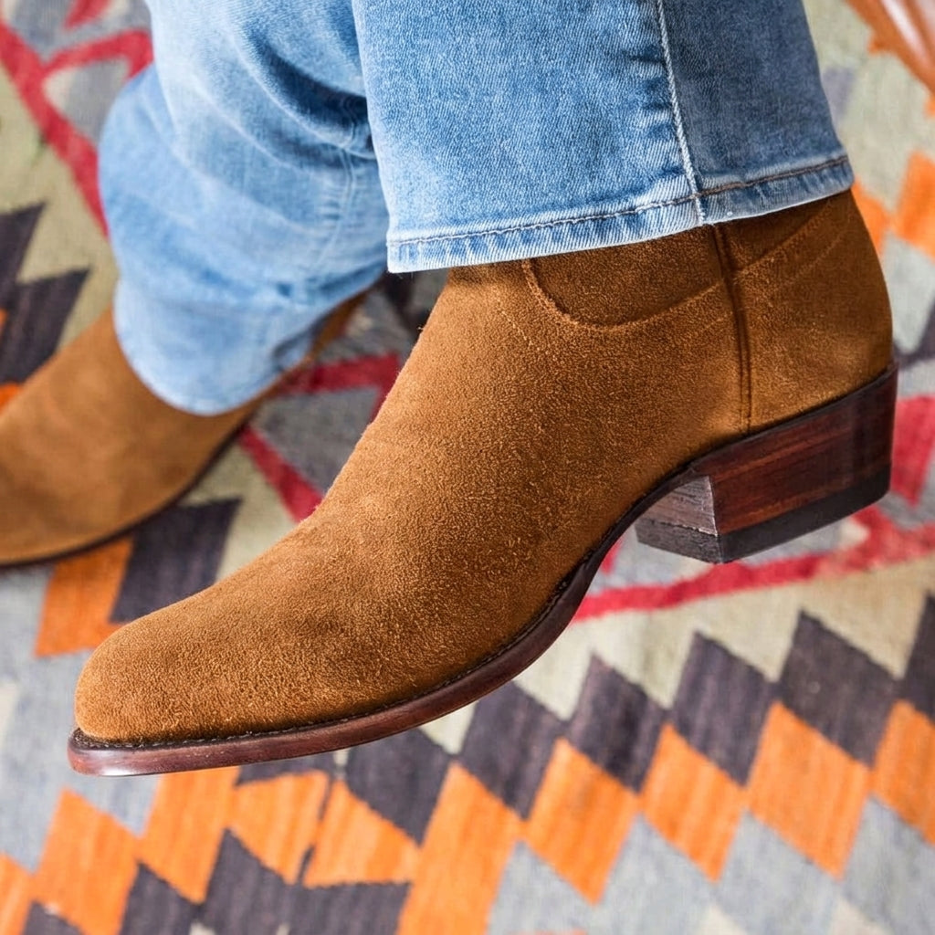 Luxury Edition - Artisian Made Height Increasing Tan Italian Italian Italian Suede Remington Slip On Zipper Western Cowboy Boots - GOODYEAR WELTED FIDDLE BACK VIOLIN SOLE