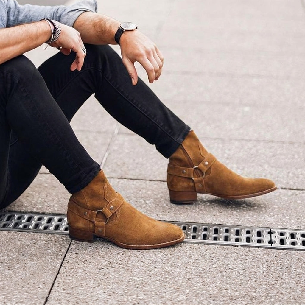 Height Increasing Tan Italian Italian Suede Wanton Slip On Harness Chelsea Boots - GOODYEAR WELTED FIDDLE BACK VIOLIN SOLE