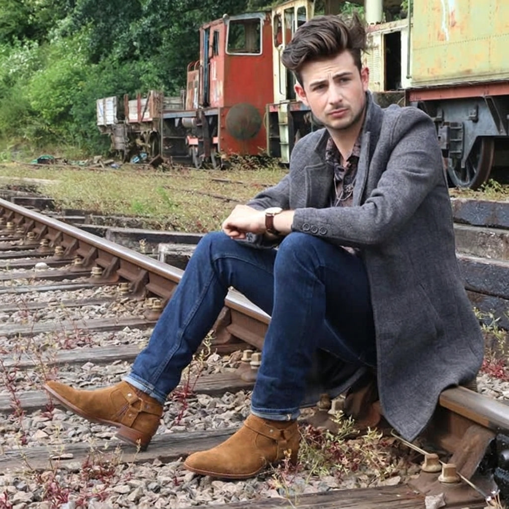 Height Increasing Tan Italian Italian Suede Wanton Slip On Harness Chelsea Boots - GOODYEAR WELTED FIDDLE BACK VIOLIN SOLE