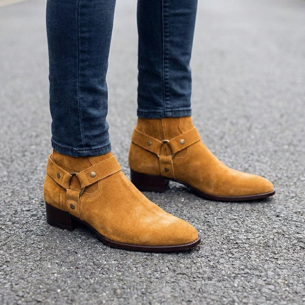 Height Increasing Tan Italian Italian Suede Wanton Slip On Harness Chelsea Boots - GOODYEAR WELTED FIDDLE BACK VIOLIN SOLE