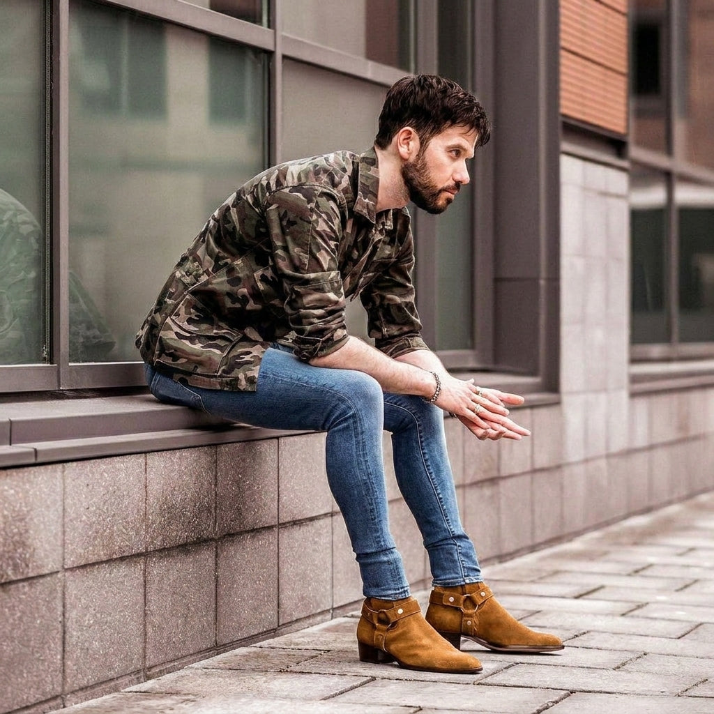 Height Increasing Tan Italian Italian Suede Wanton Slip On Harness Chelsea Boots - GOODYEAR WELTED FIDDLE BACK VIOLIN SOLE