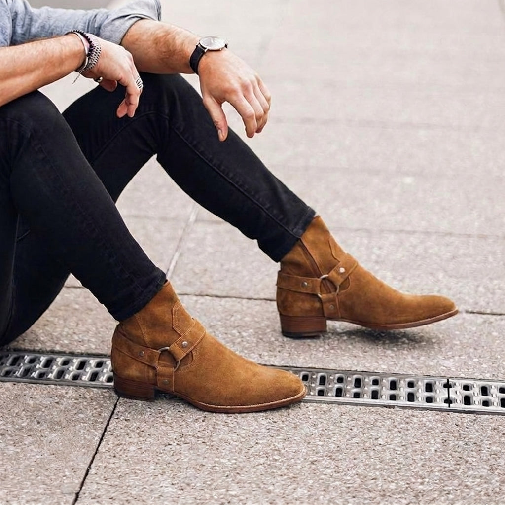 Height Increasing Tan Italian Italian Suede Wanton Slip On Harness Chelsea Boots - GOODYEAR WELTED FIDDLE BACK VIOLIN SOLE