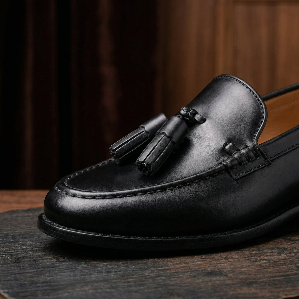 Height Increasing Black Leather Swale Tassel Loafers