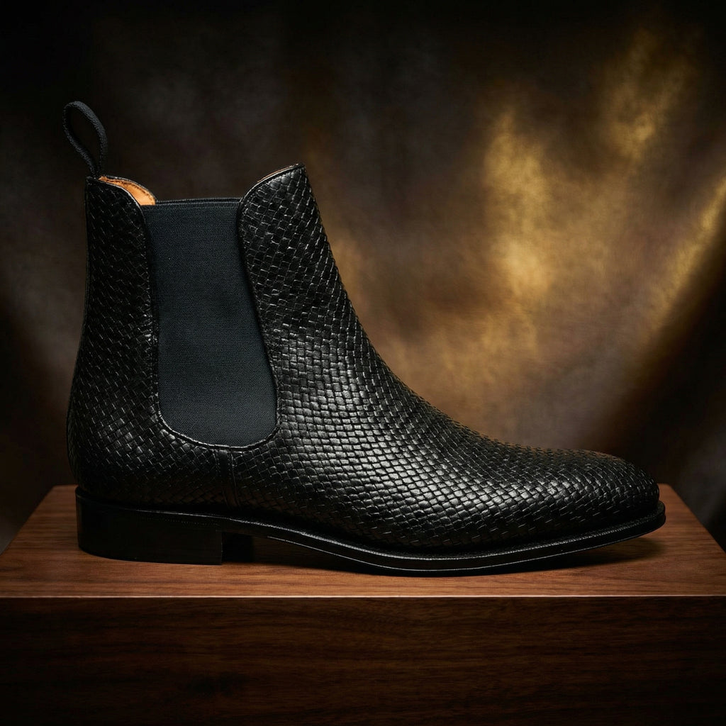 Black Braided Leather Fenland Slip On Chelsea Boots