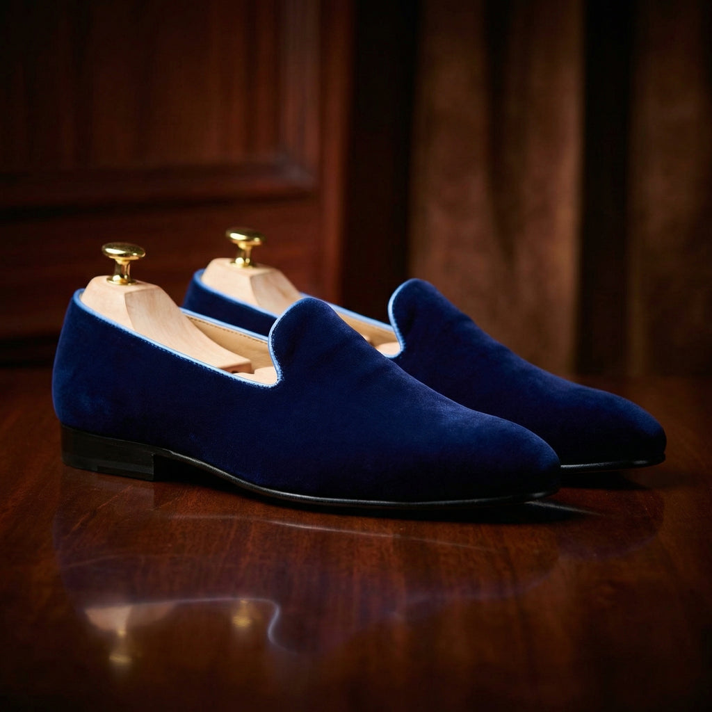 Blue Velvet Bear v/s Bull Embroidered Loafers