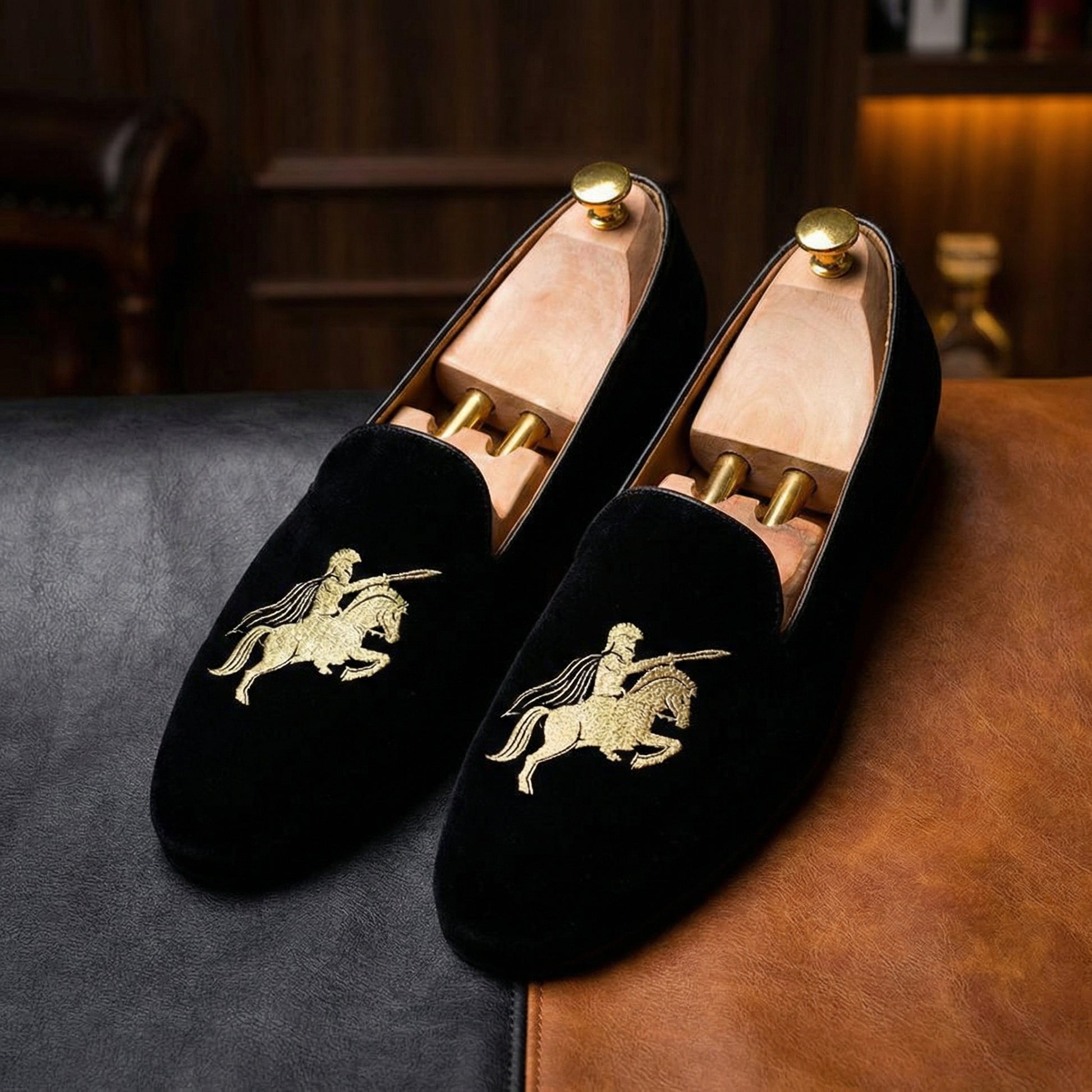 Blue Velvet Cavalry Embroidered Loafers