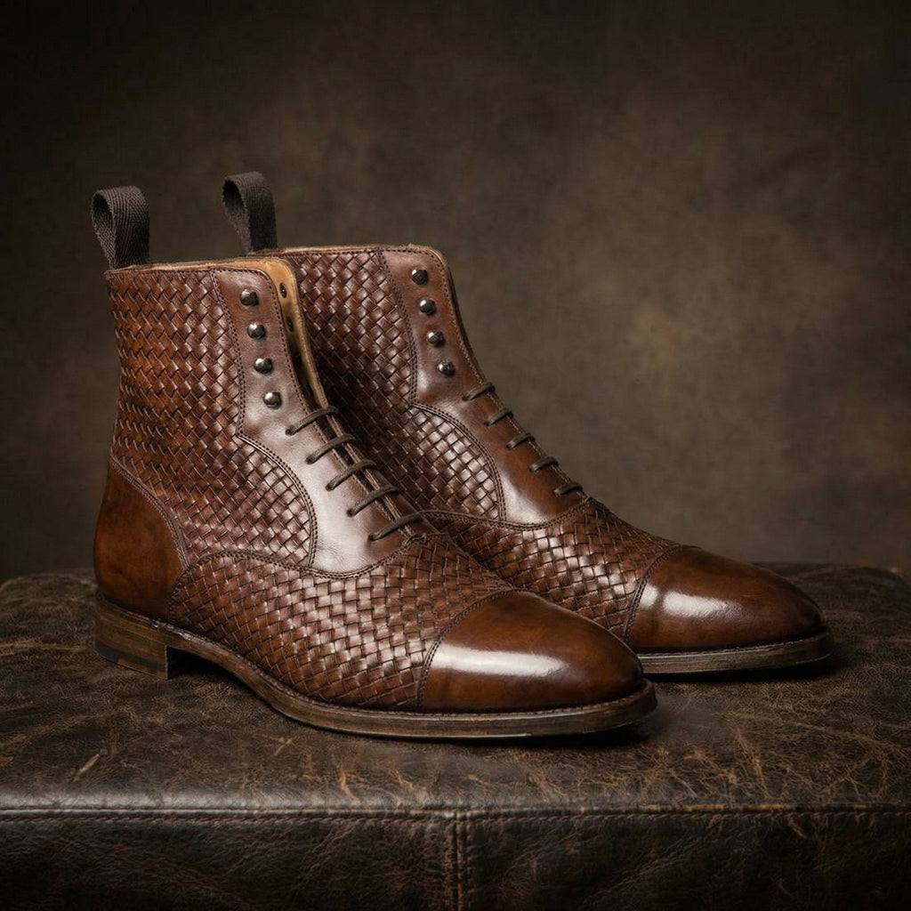 Brown Braided Leather Efford Lace Up Boots