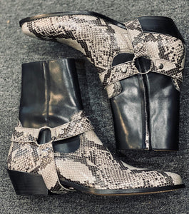 Black Leather With Snake Print Ravien Rustics Harness Chelsea Boots