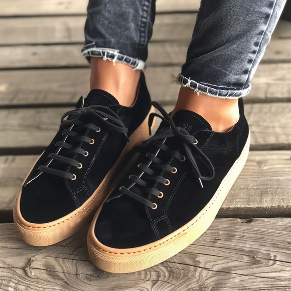 Black Leather  Lace Up Sneakers  with Worm White Sole - Summer 2024 Collection