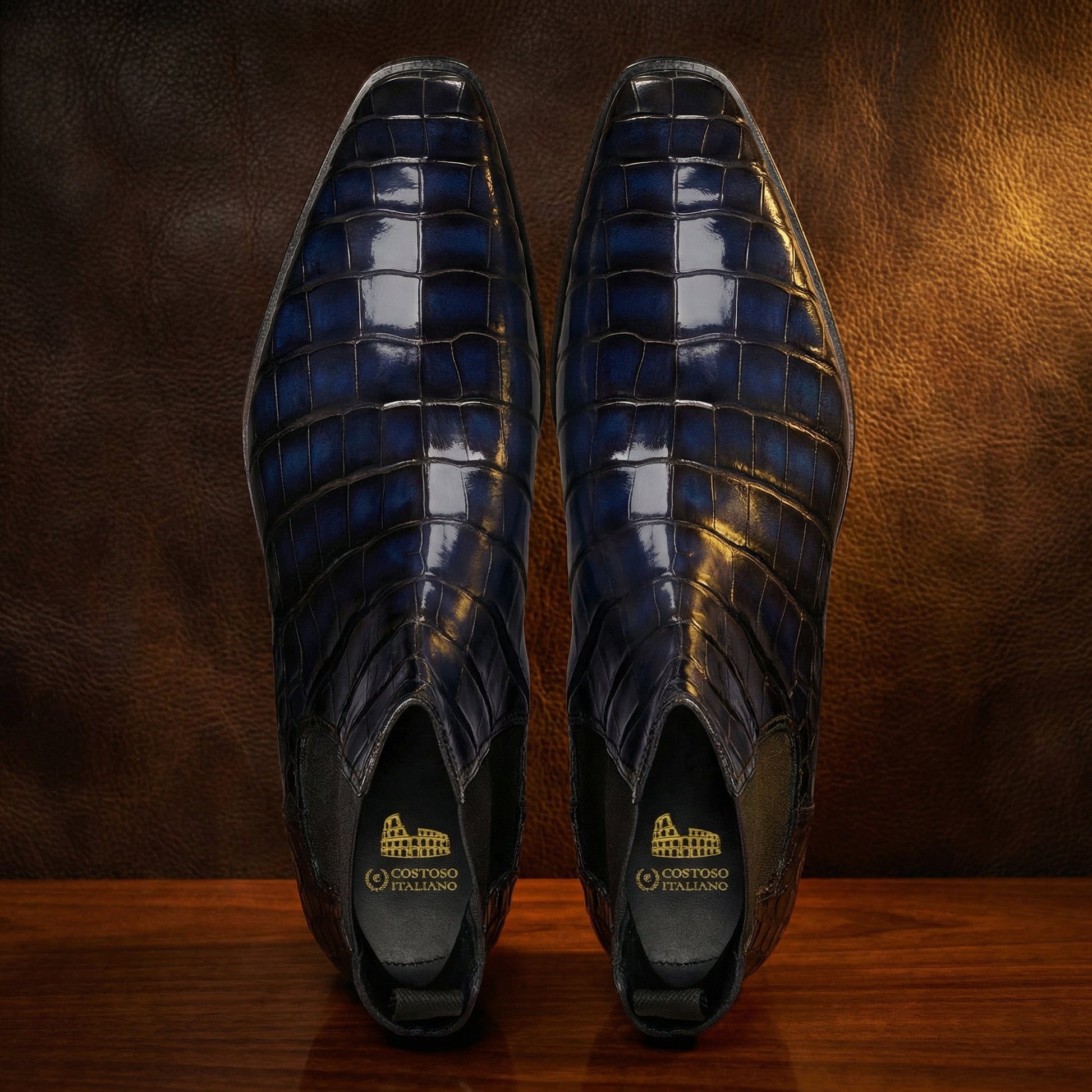 Navy Blue Alligator Textured Leather Evington Chelsea Slip On Boots