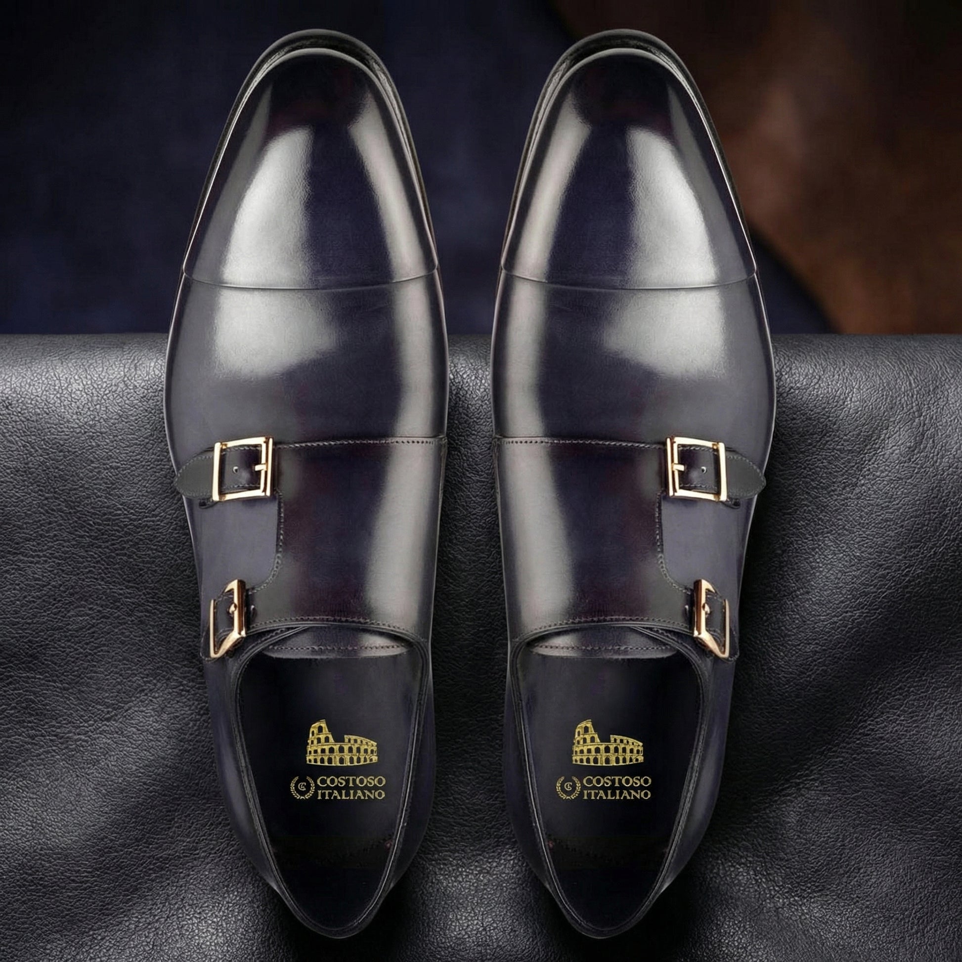 Navy Blue Leather Castle Monk Straps