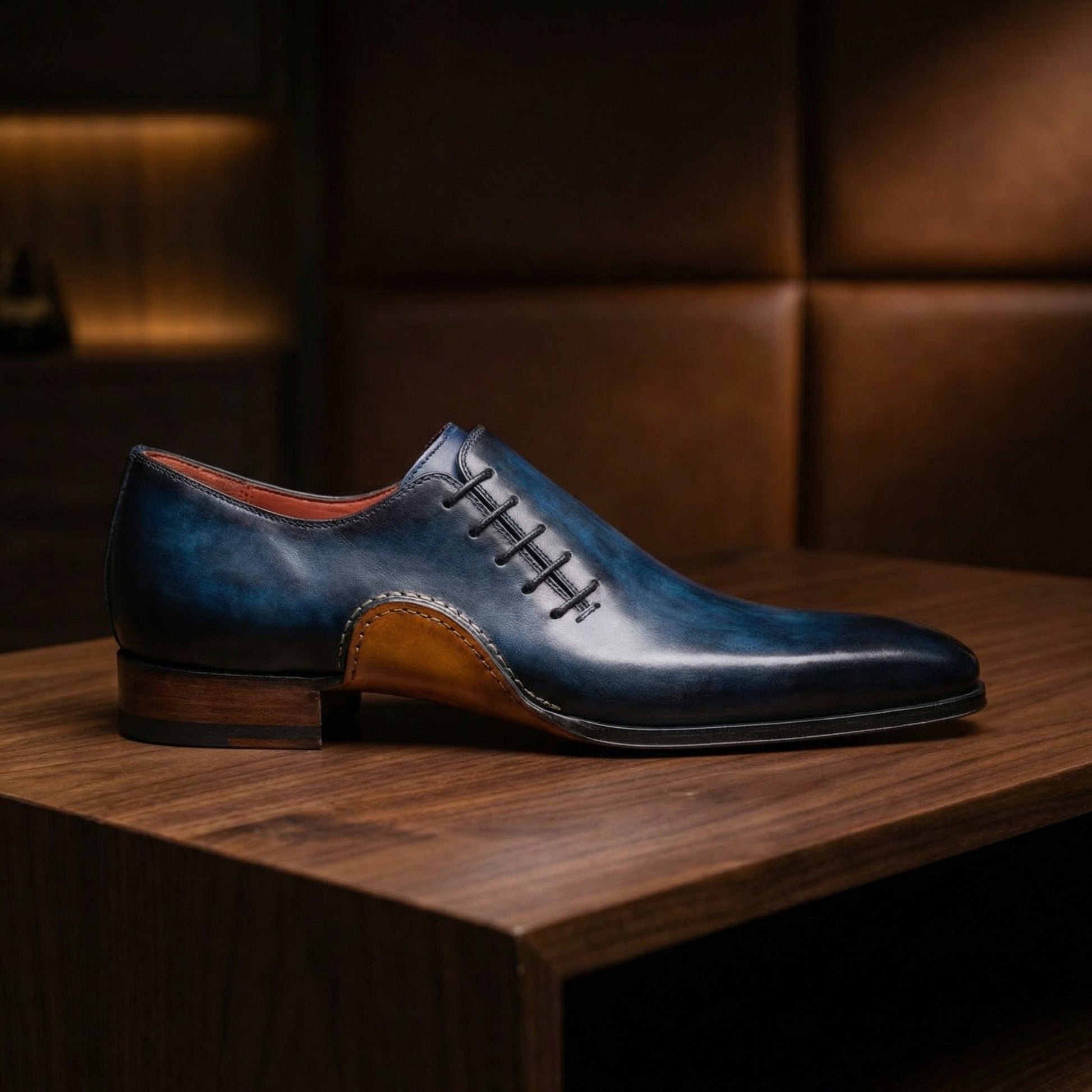 Height Increasing Navy Blue Leather Cobar Oxfords Shoes