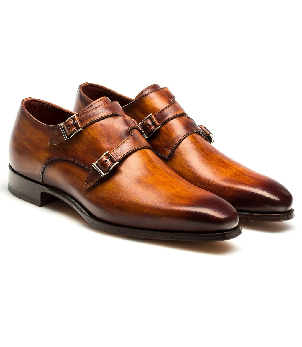 Tan Leather Leminst Monk Strap Shoes